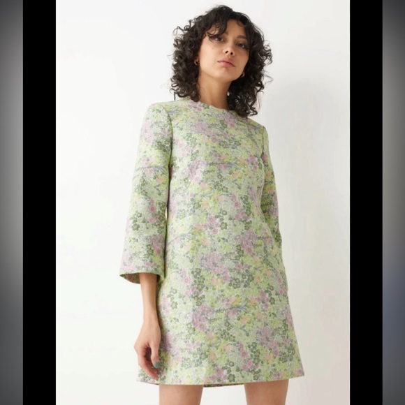 NWT & Other Stories Open Back Jacquard Mini Dress SIZE 36 mint green floral - Picture 2 of 9
